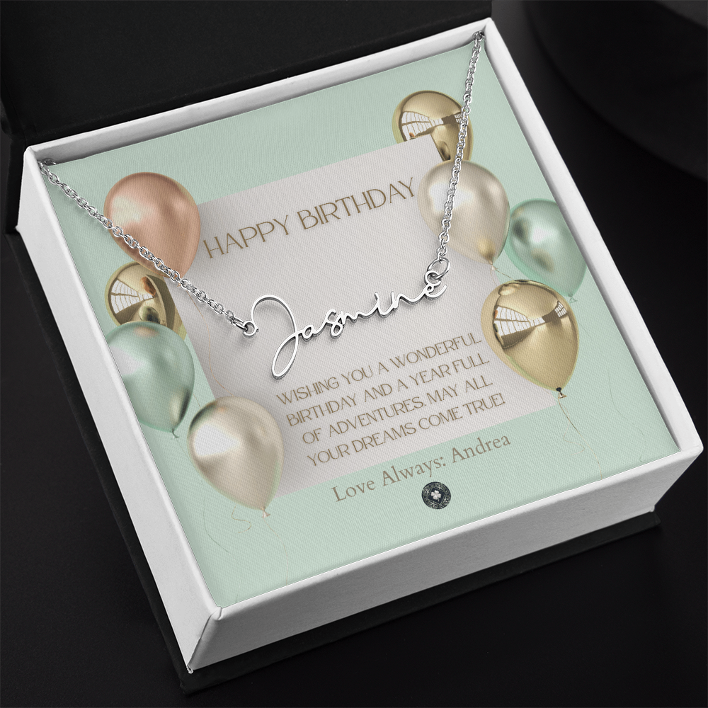 Custom Horizontal Signature Name Necklace: Wonderful Happy Birthday