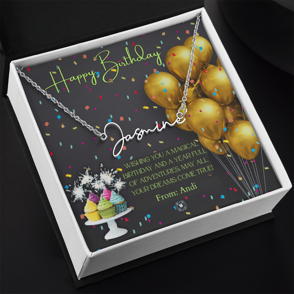 Custom Horizontal Signature Name Necklace: Magical Happy Birthday