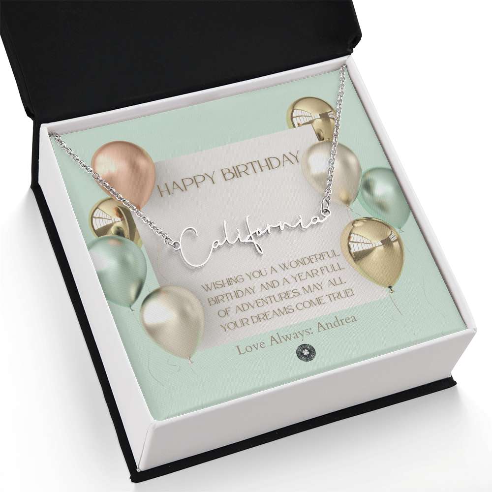 Custom Horizontal Signature Name Necklace: Wonderful Happy Birthday
