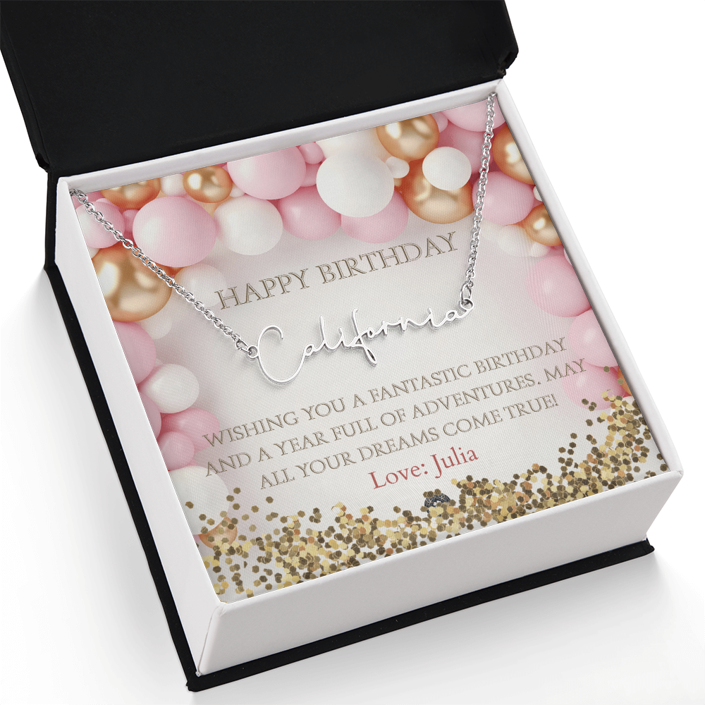 Custom Horizontal Signature Name Necklace: Fantastic Happy Birthday