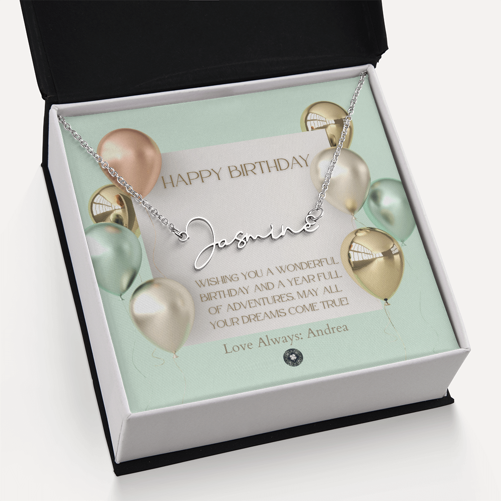 Custom Horizontal Signature Name Necklace: Wonderful Happy Birthday