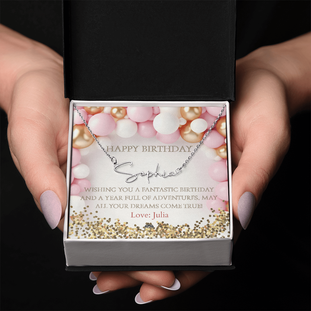 Custom Horizontal Signature Name Necklace: Fantastic Happy Birthday