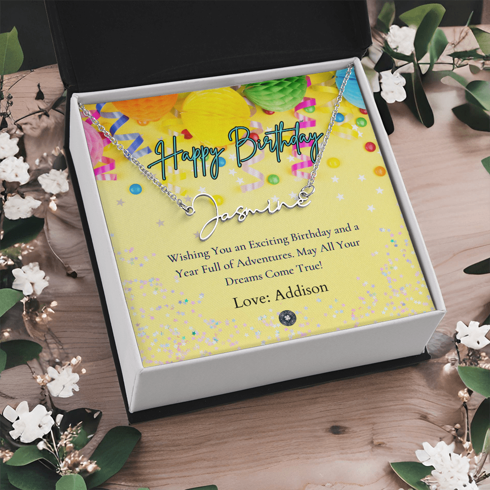 Custom Horizontal Signature Name Necklace: Exciting Happy Birthday