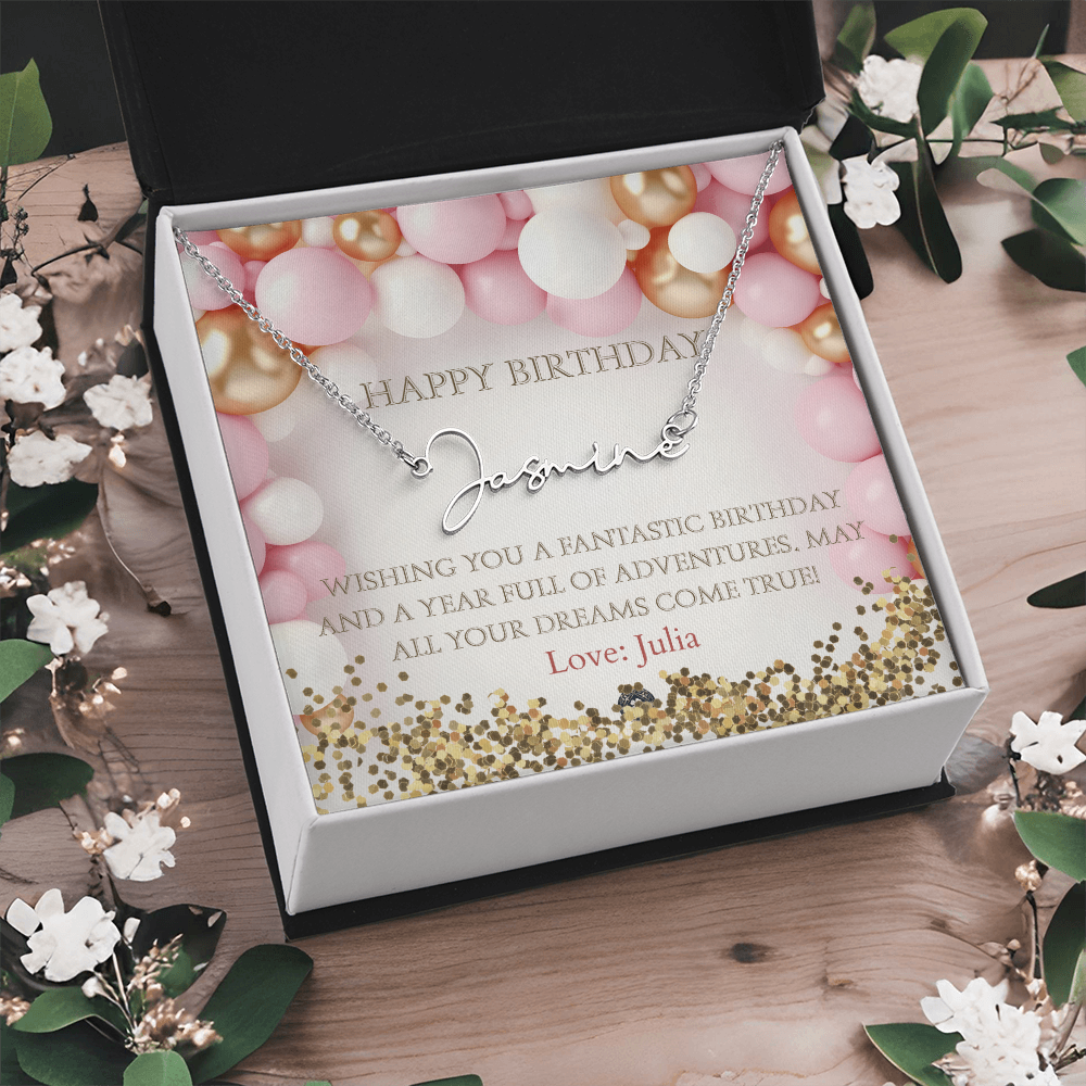 Custom Horizontal Signature Name Necklace: Fantastic Happy Birthday
