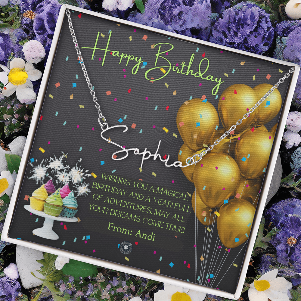 Custom Horizontal Signature Name Necklace: Magical Happy Birthday