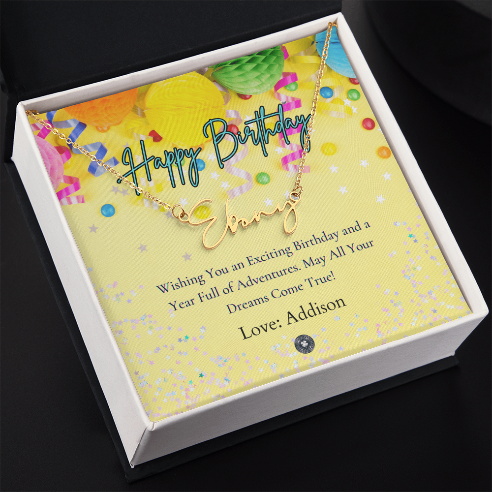Custom Horizontal Signature Name Necklace: Exciting Happy Birthday