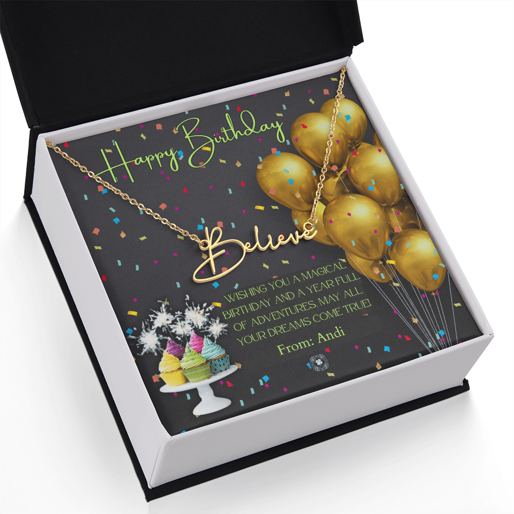 Custom Horizontal Signature Name Necklace: Magical Happy Birthday