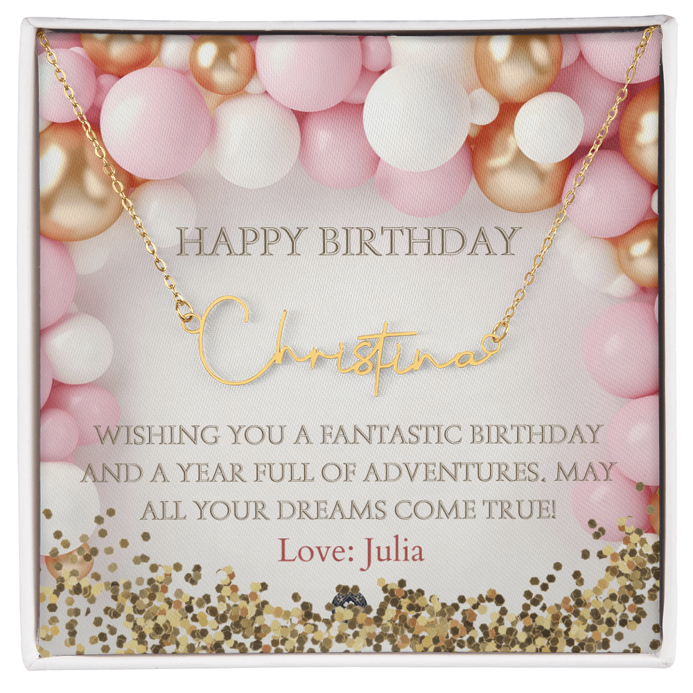 Custom Horizontal Signature Name Necklace: Fantastic Happy Birthday