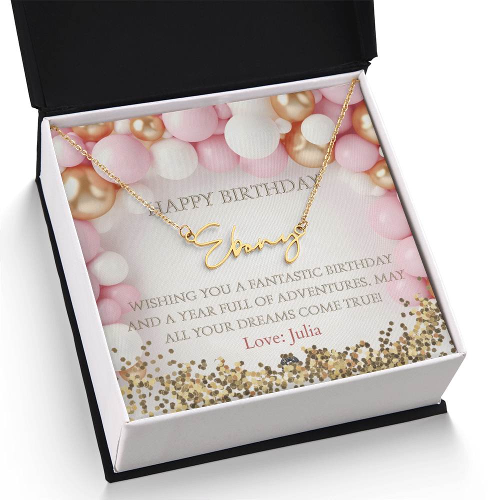Custom Horizontal Signature Name Necklace: Fantastic Happy Birthday