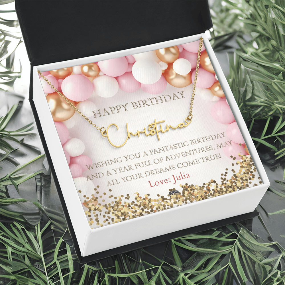 Custom Horizontal Signature Name Necklace: Fantastic Happy Birthday