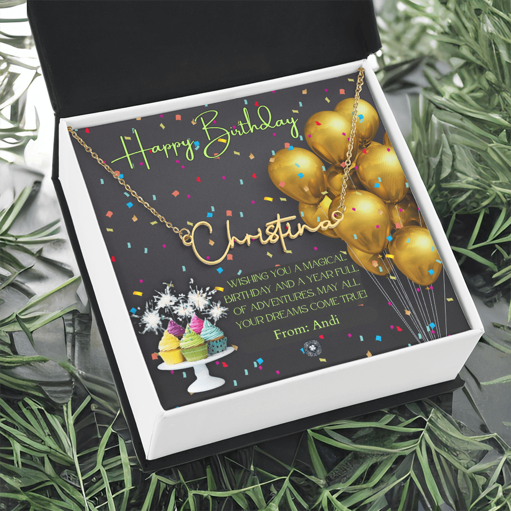 Custom Horizontal Signature Name Necklace: Magical Happy Birthday