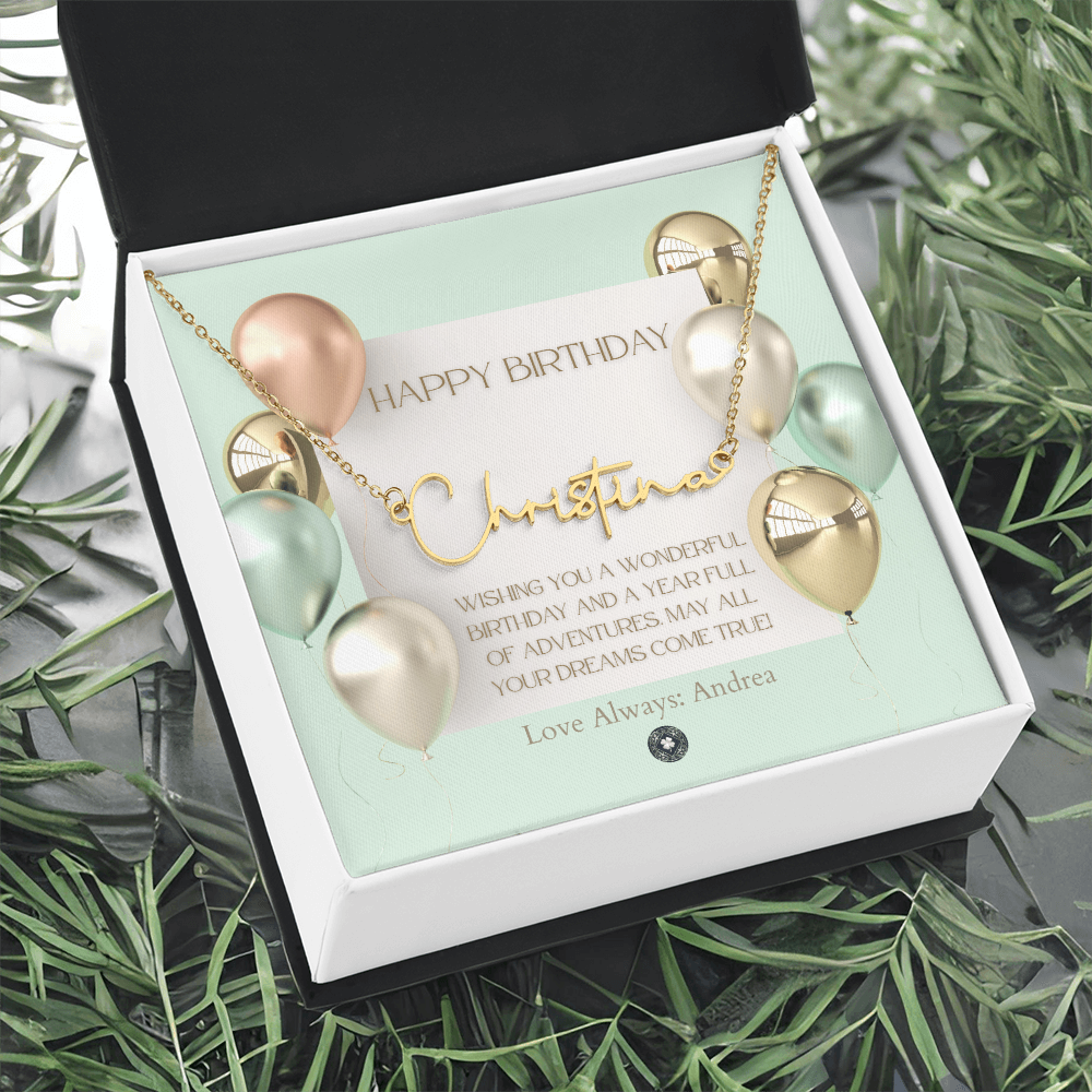 Custom Horizontal Signature Name Necklace: Wonderful Happy Birthday