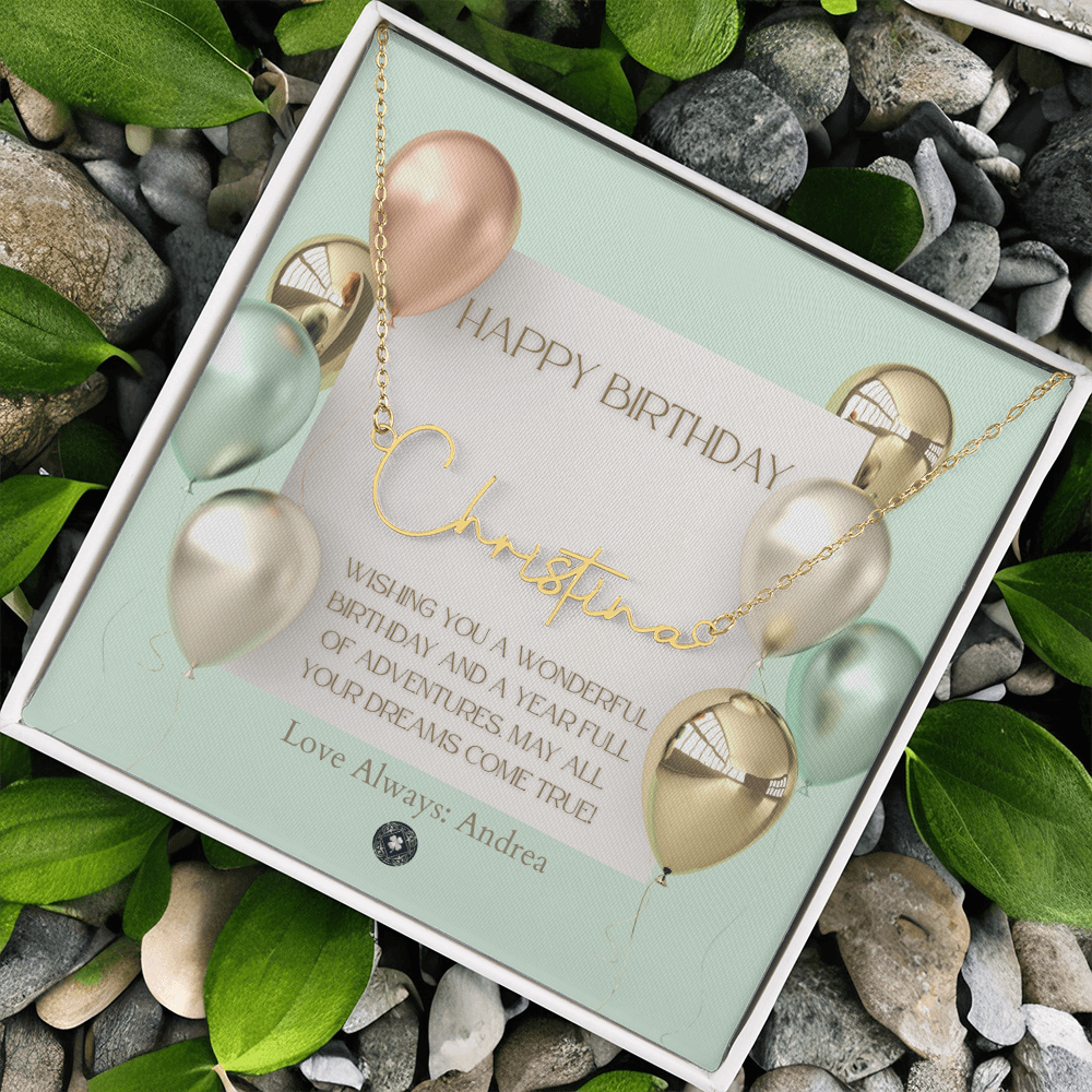 Custom Horizontal Signature Name Necklace: Wonderful Happy Birthday