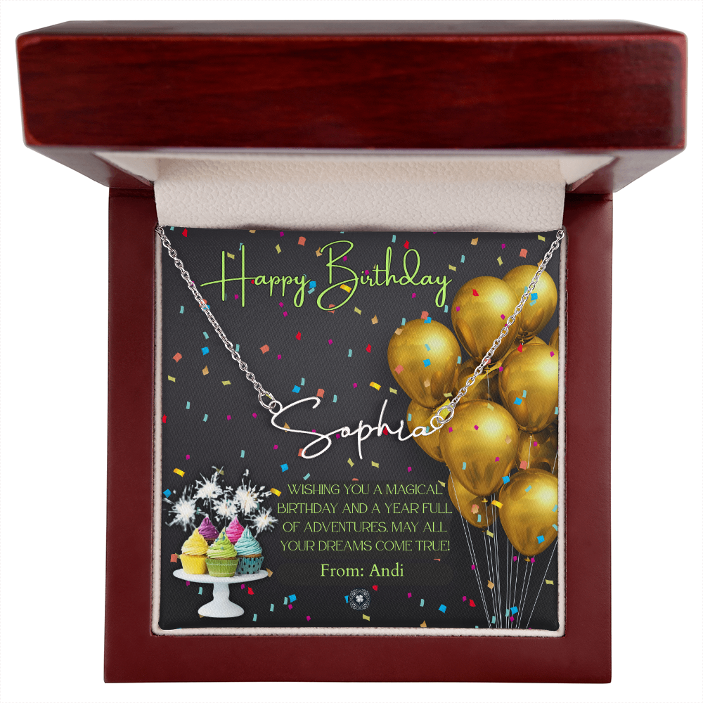 Custom Horizontal Signature Name Necklace: Magical Happy Birthday