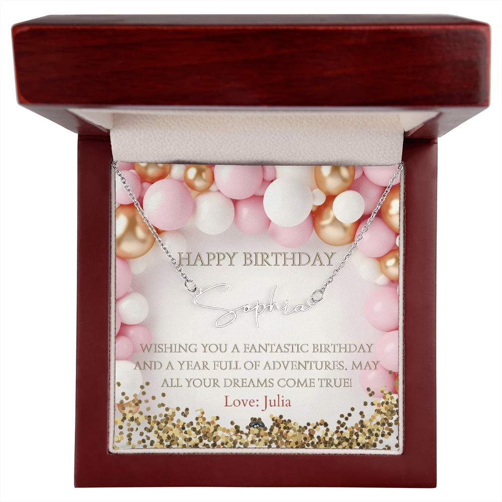 Custom Horizontal Signature Name Necklace: Fantastic Happy Birthday