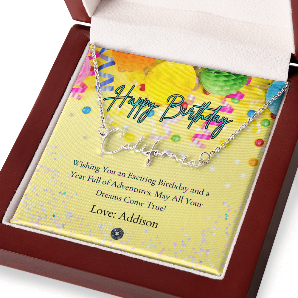 Custom Horizontal Signature Name Necklace: Exciting Happy Birthday