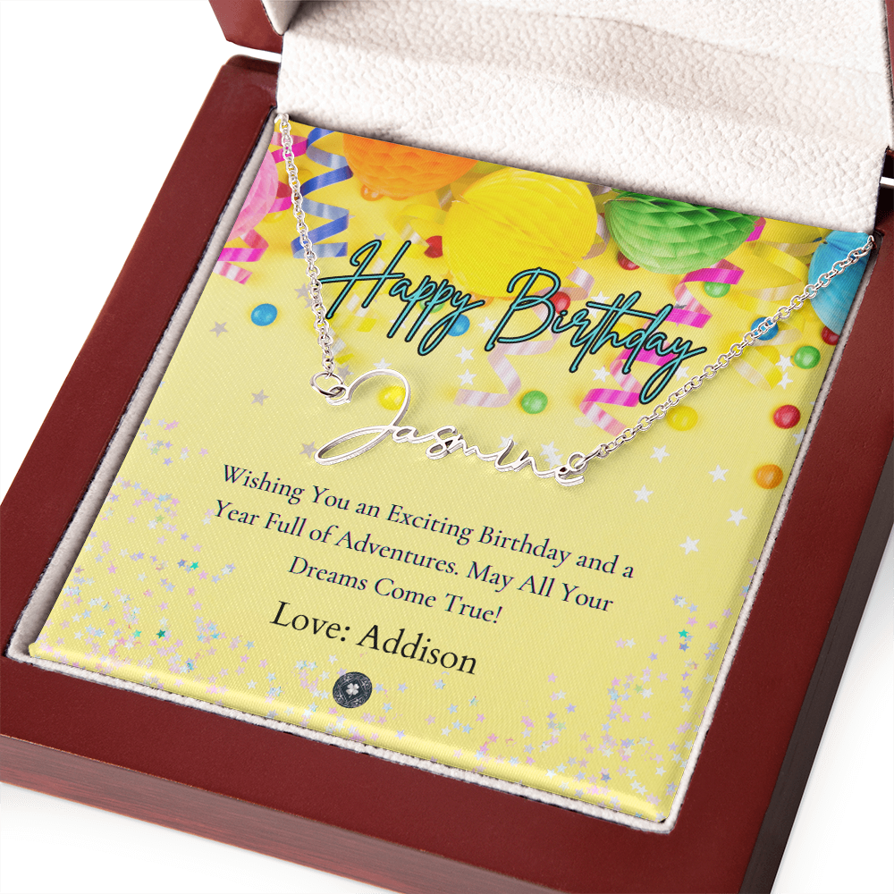 Custom Horizontal Signature Name Necklace: Exciting Happy Birthday