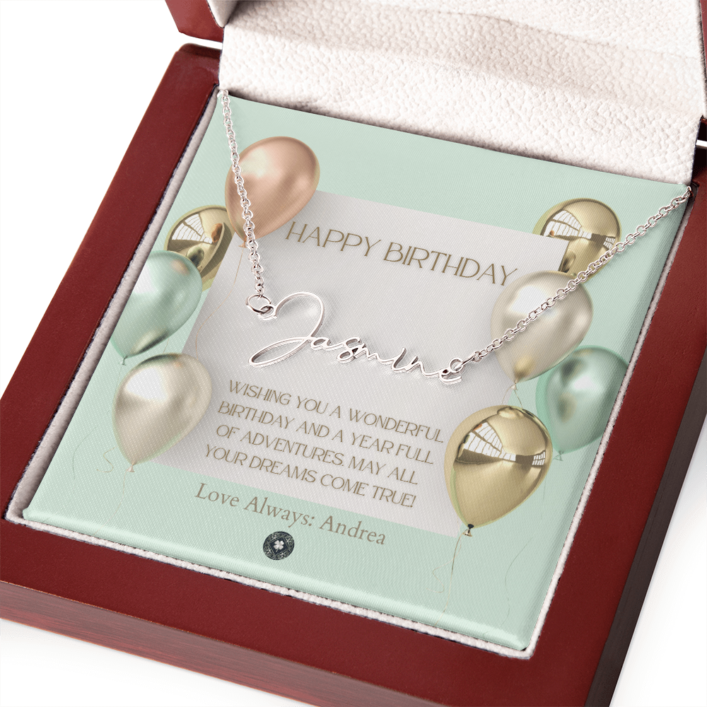 Custom Horizontal Signature Name Necklace: Wonderful Happy Birthday