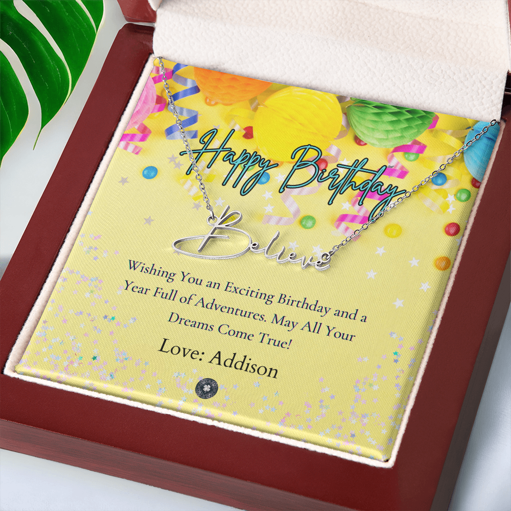 Custom Horizontal Signature Name Necklace: Exciting Happy Birthday