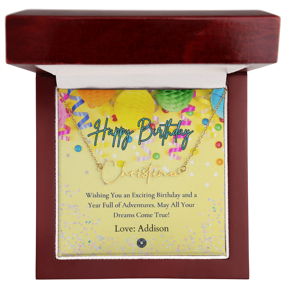 Custom Horizontal Signature Name Necklace: Exciting Happy Birthday