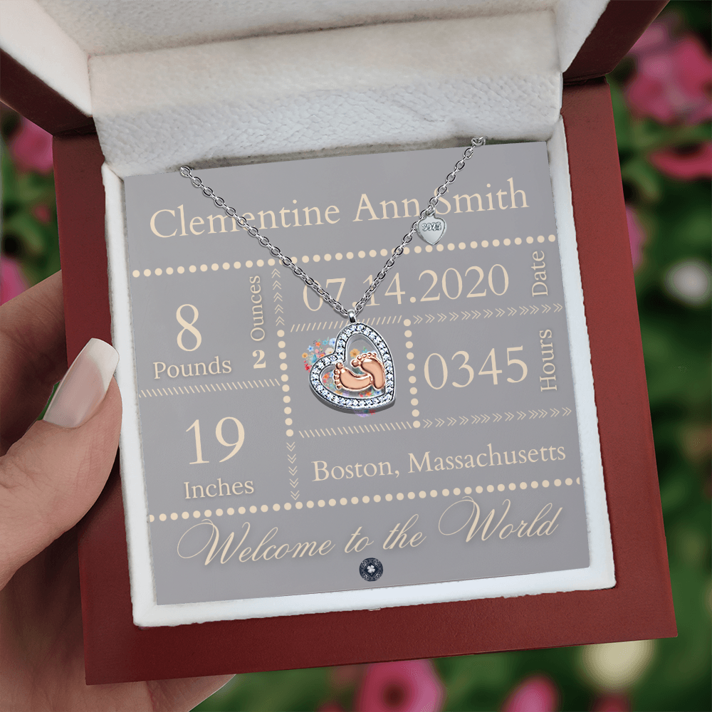 Baby Feet & Heart Announcement Necklace: Ivory