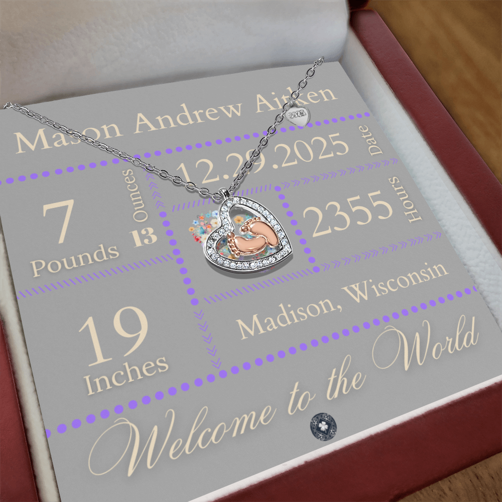 Baby Feet & Heart Announcement Necklace: Purple