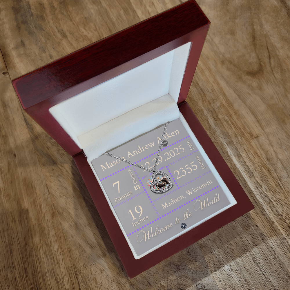 Baby Feet & Heart Announcement Necklace: Purple