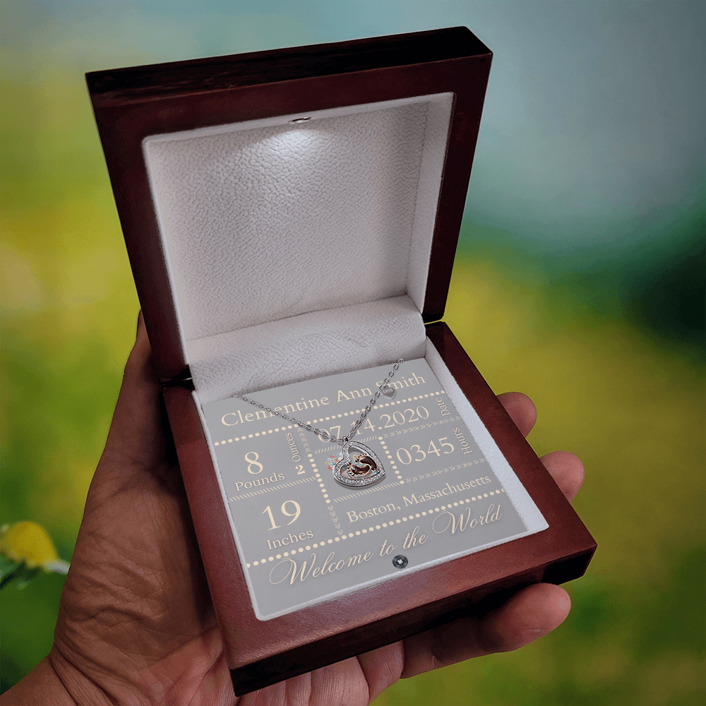 Baby Feet & Heart Announcement Necklace: Ivory Jewelry Mahogany Style Luxury Box with LED The Silver Clover & Co.