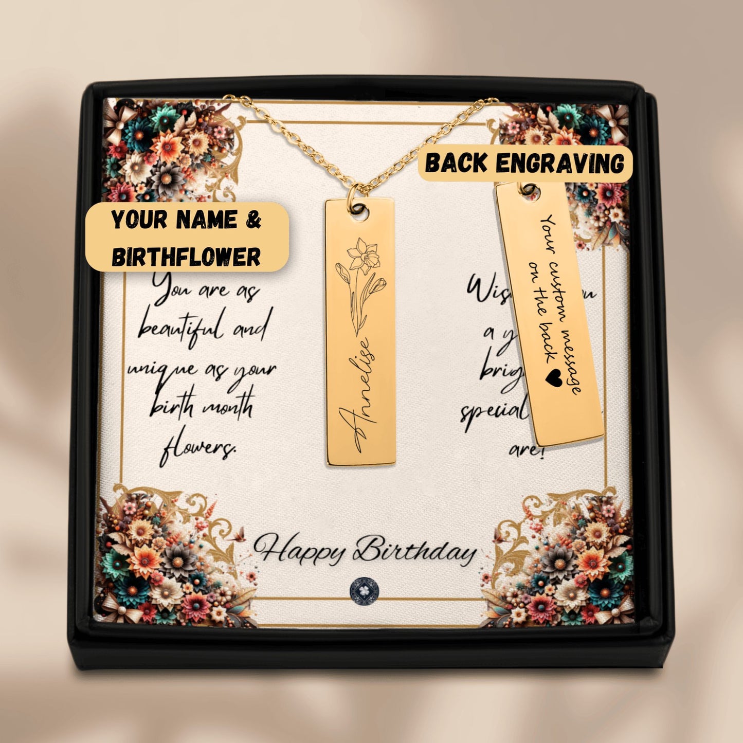 Name & Birth Flower Tag Necklace