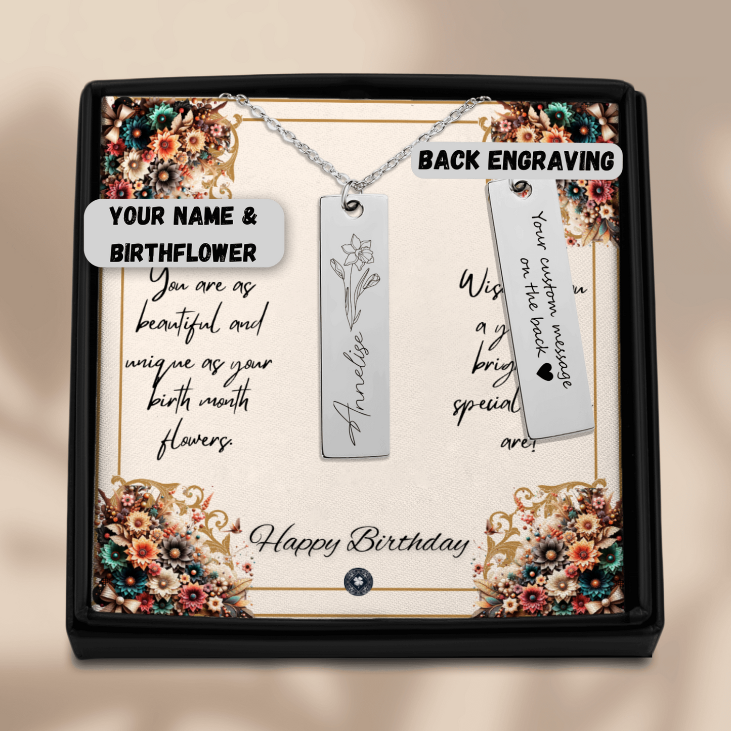 Name & Birth Flower Tag Necklace
