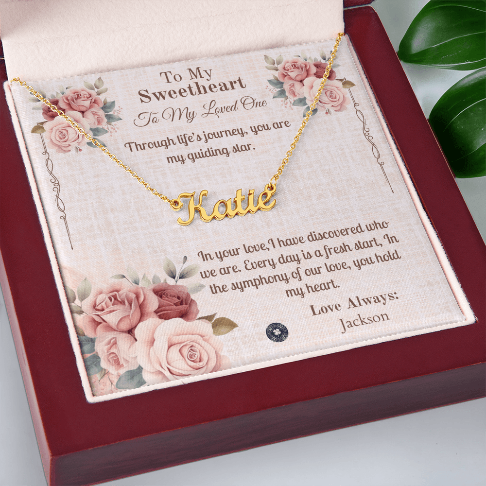 Horizontal Name Necklace: Sweetheart Jewelry 18k Yellow Gold Mahogany Style Luxury Box with LED The Silver Clover & Co.