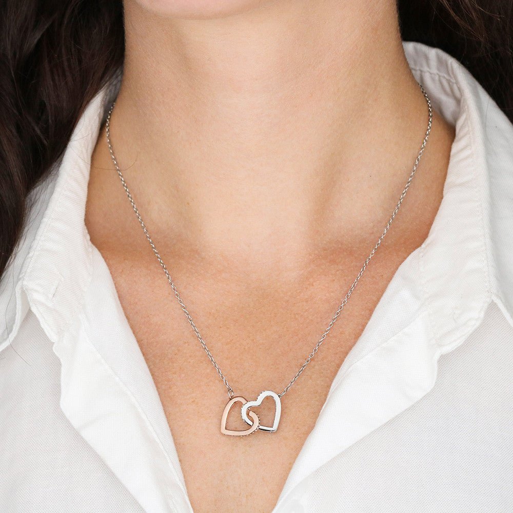 Interlocking Hearts Necklace Jewelry 18k Yellow Gold Finish Mahogany Style Luxury Box with LED The Silver Clover & Co.