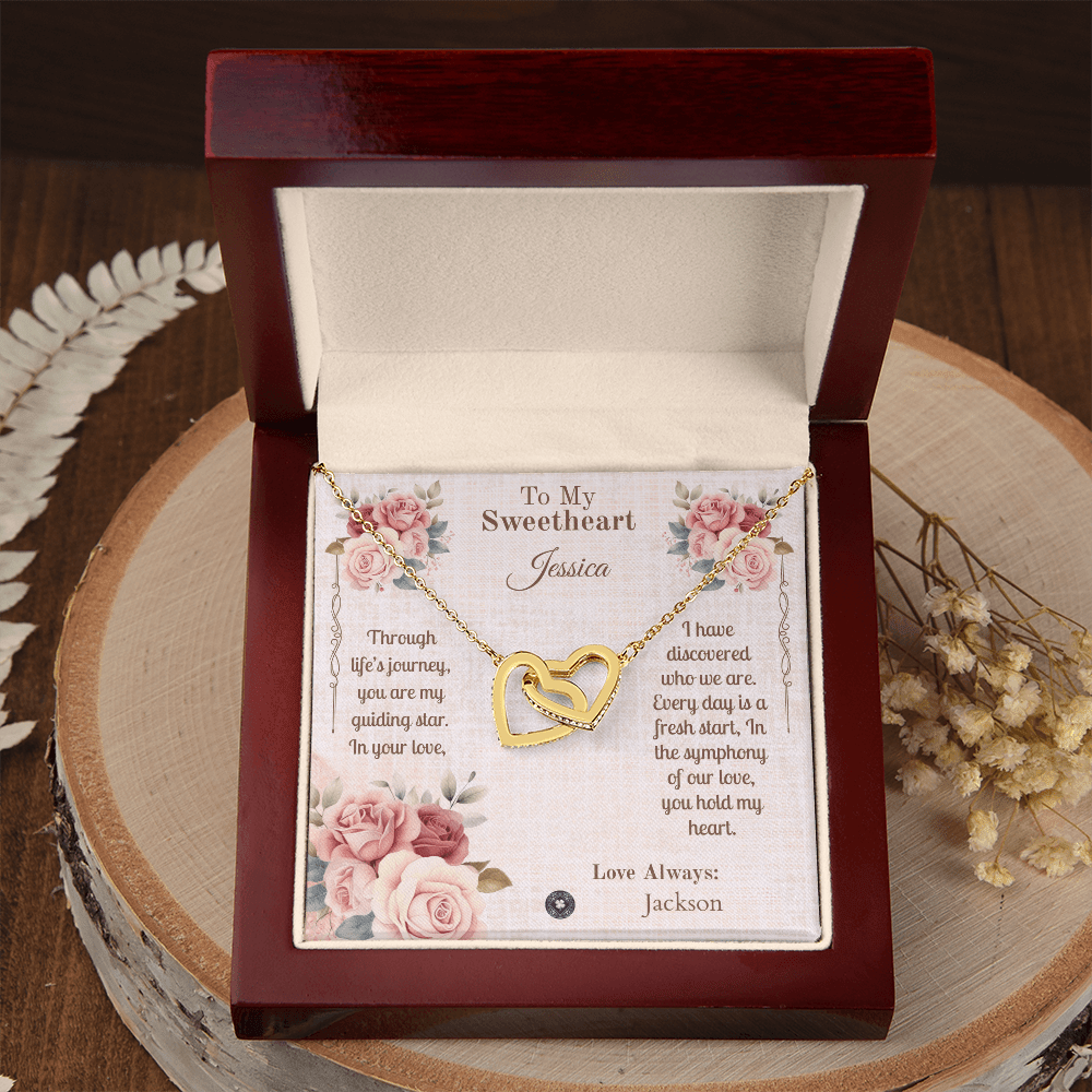 Interlocking Hearts Necklace: Sweetheart Jewelry 18K Yellow Gold Mahogany Style Luxury Box with LED The Silver Clover & Co.