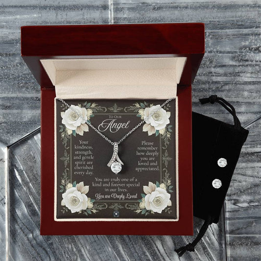 Alluring Beauty Necklace & Earring Set: Angel Jewelry Mahogany Style Luxury Box with LED The Silver Clover & Co.