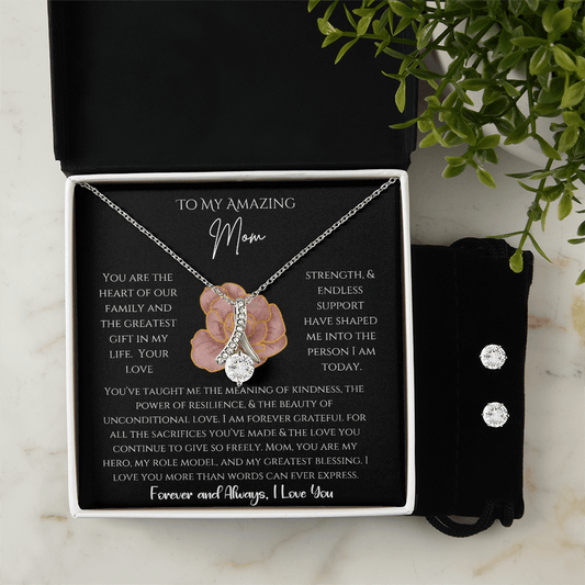 Alluring Beauty Necklace & Earring Set: Ebony Rose Mom Jewelry Two Tone Box The Silver Clover & Co.