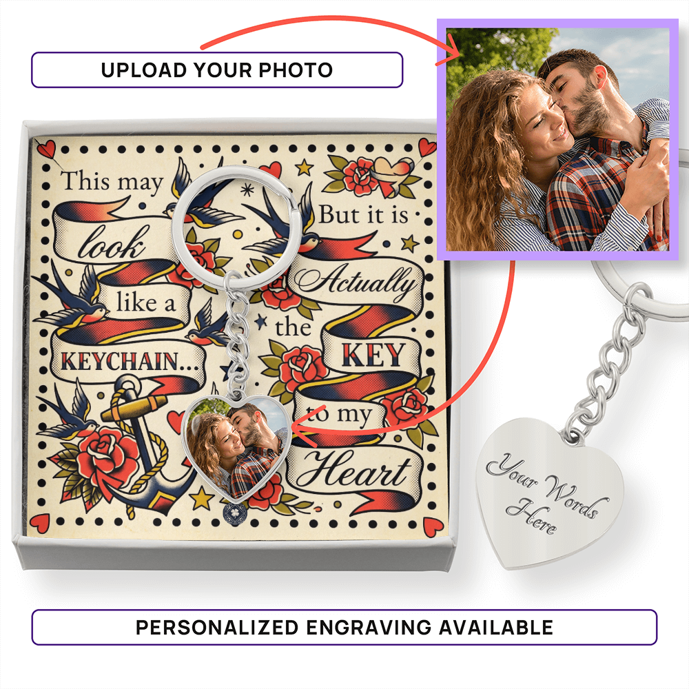 Custom Photo Upload Heart Keychain: Vintage Love