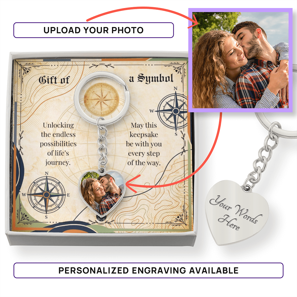 Custom Photo Upload Heart Keychain: Compass Journey