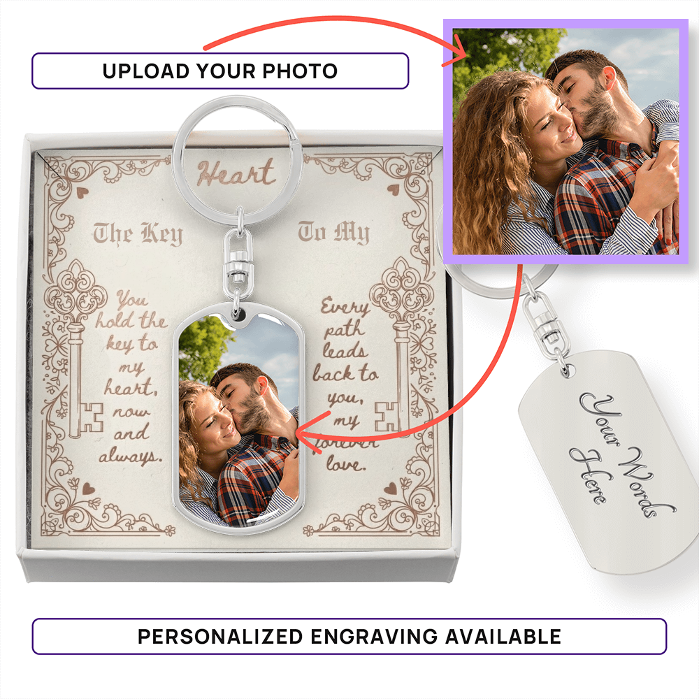 Custom Photo Upload Dog Tag Keychain: Key To My Heart