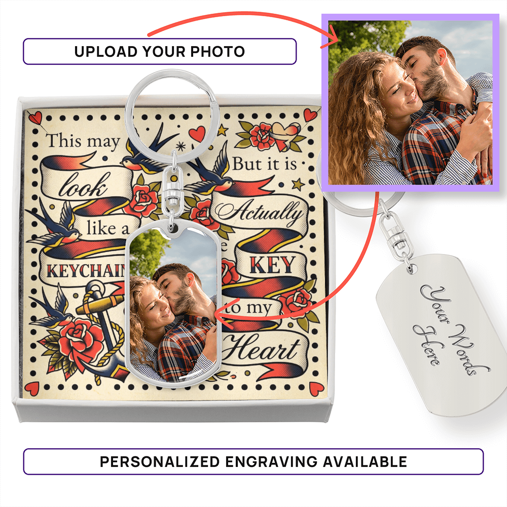 Custom Photo Upload Dog Tag Keychain: Vintage Love