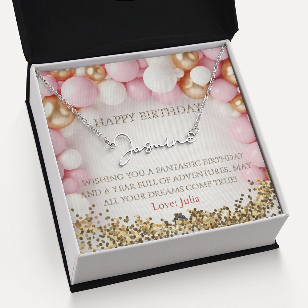Custom Horizontal Signature Name Necklace: Fantastic Happy Birthday