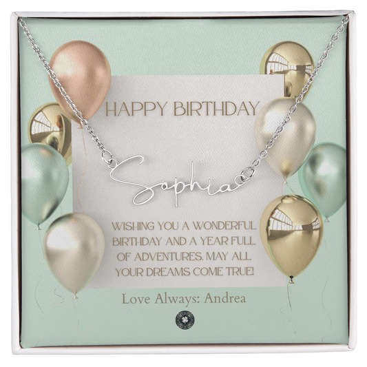 Custom Horizontal Signature Name Necklace: Wonderful Happy Birthday