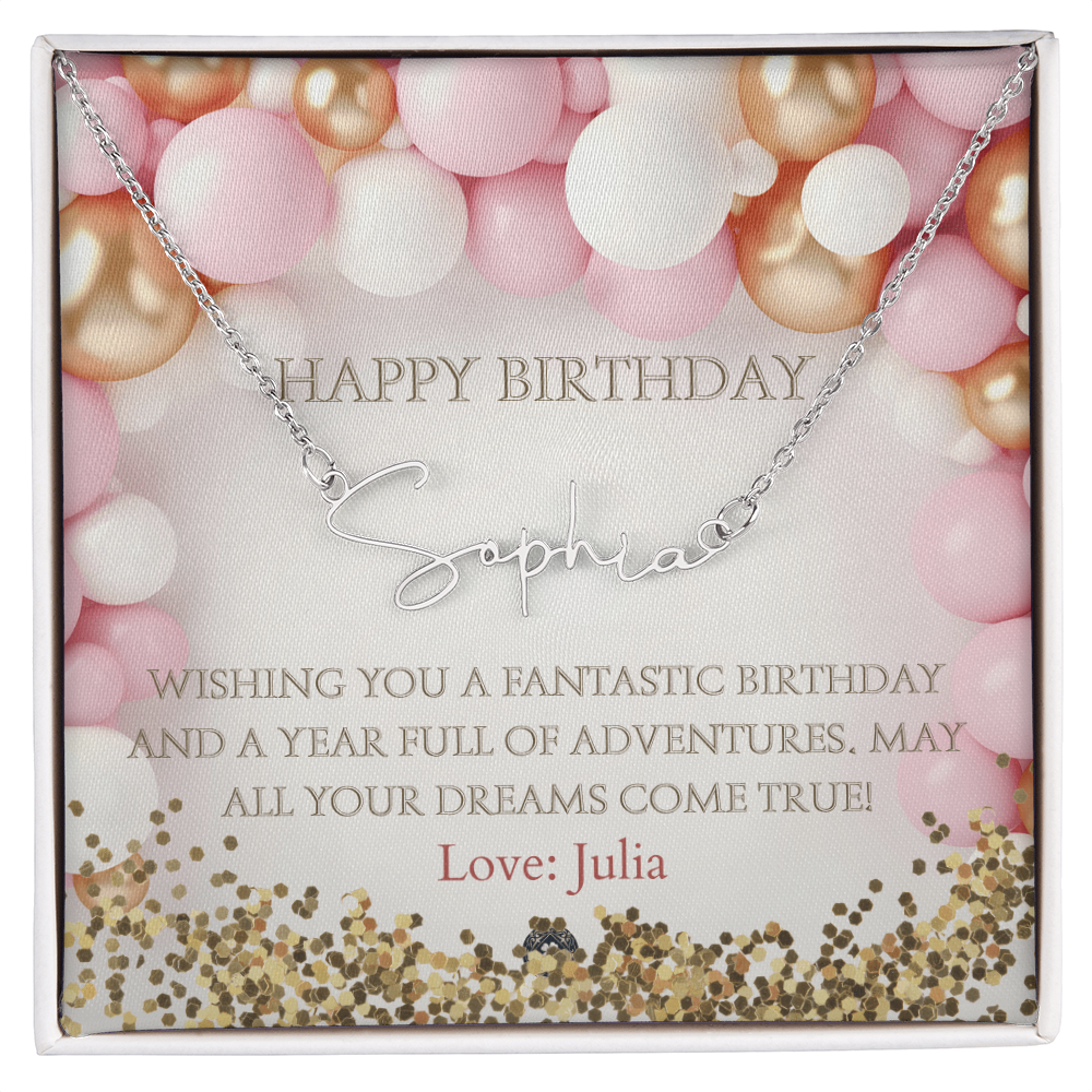 Custom Horizontal Signature Name Necklace: Fantastic Happy Birthday