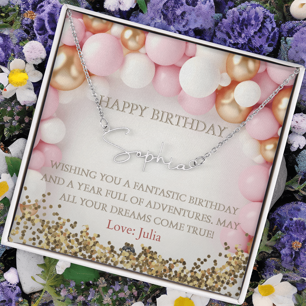 Custom Horizontal Signature Name Necklace: Fantastic Happy Birthday