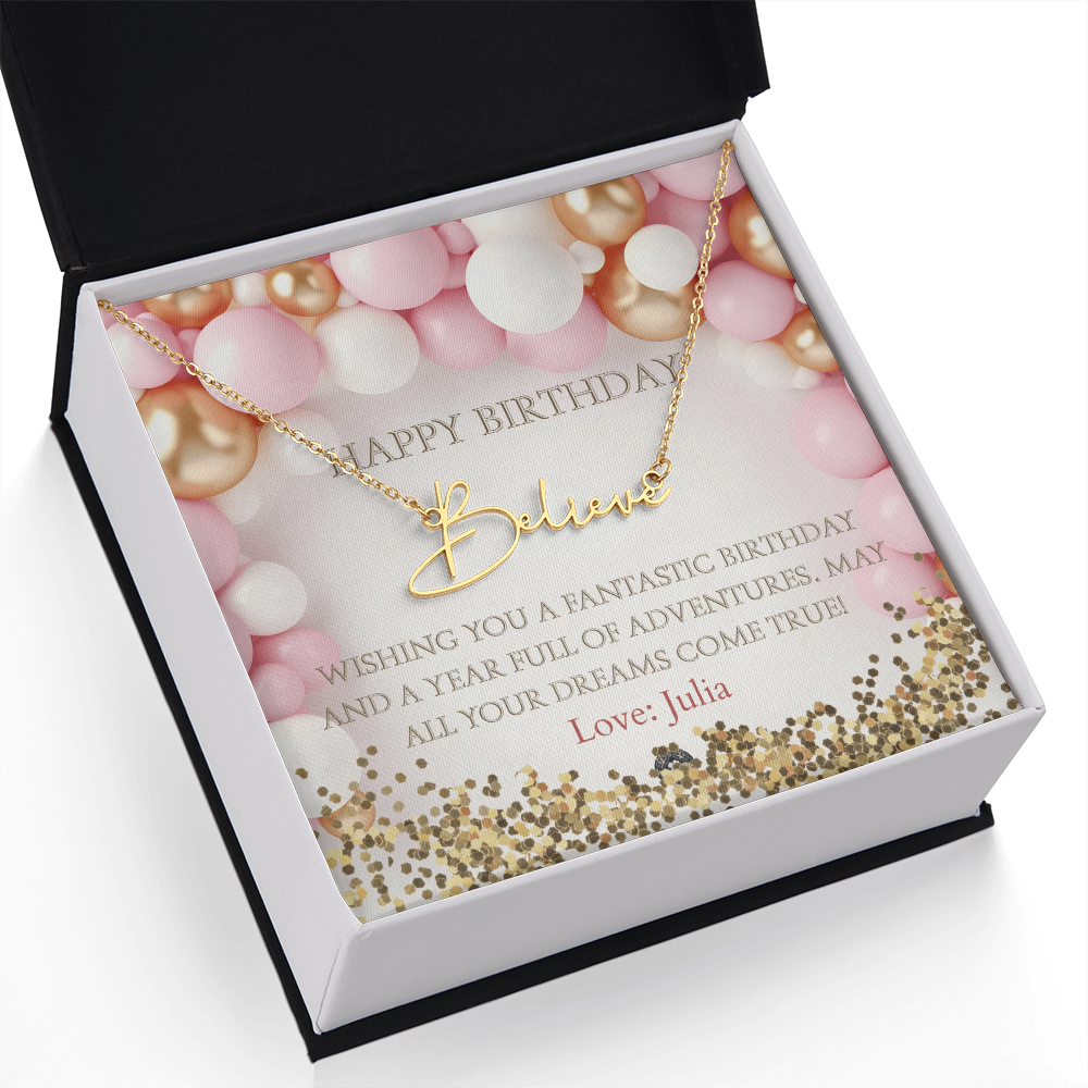 Custom Horizontal Signature Name Necklace: Fantastic Happy Birthday