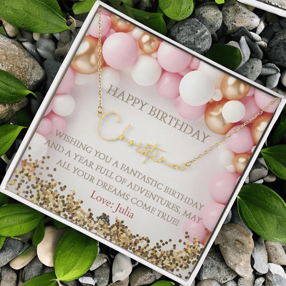 Custom Horizontal Signature Name Necklace: Fantastic Happy Birthday