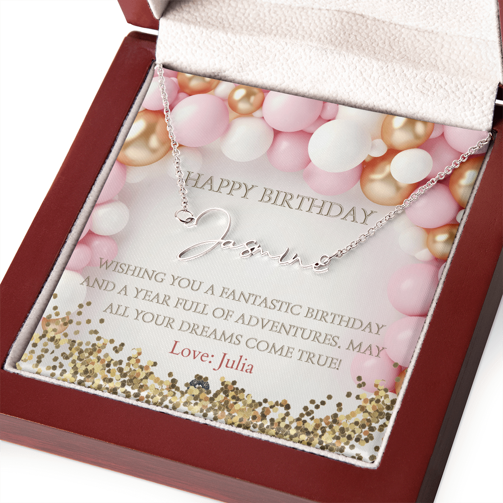Custom Horizontal Signature Name Necklace: Fantastic Happy Birthday