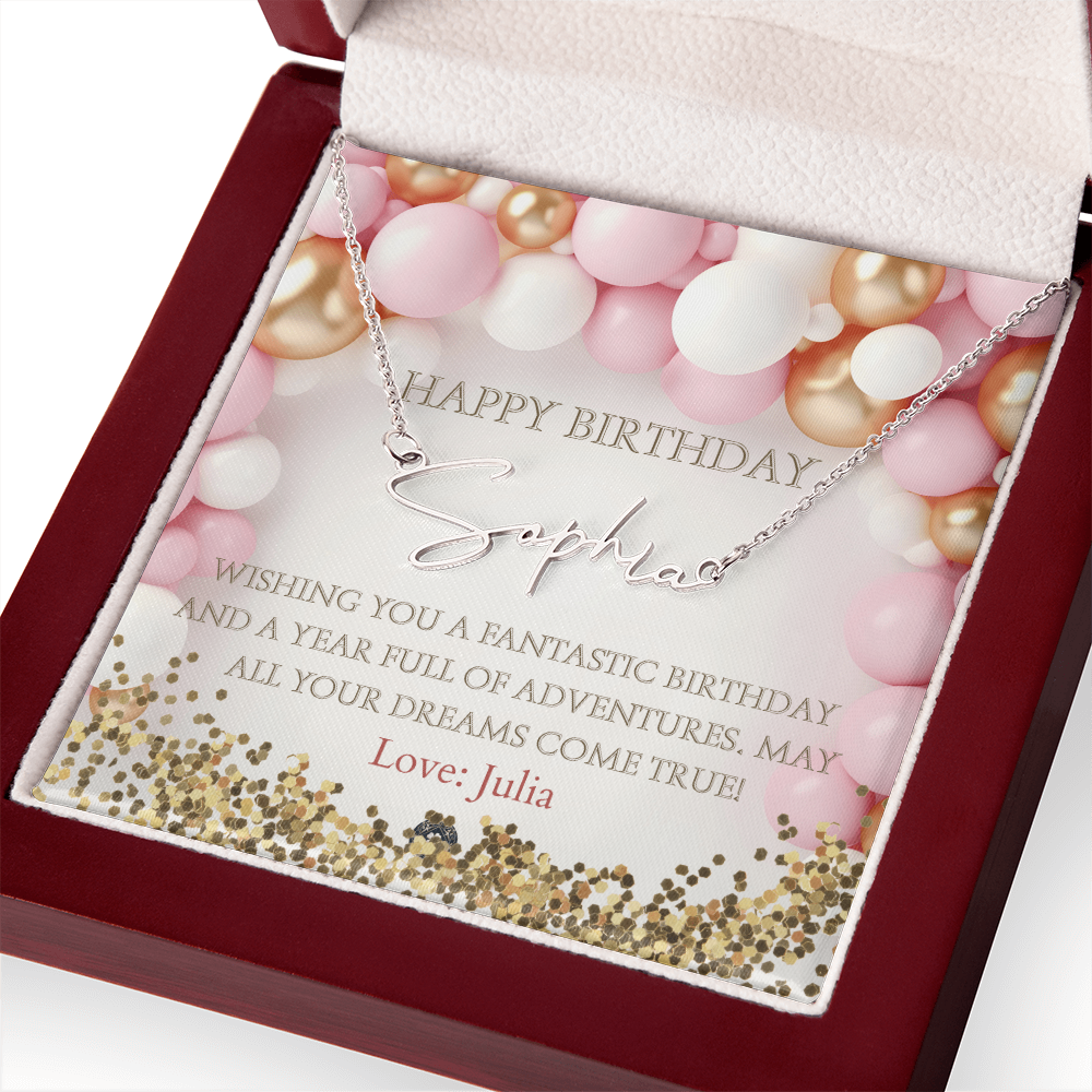 Custom Horizontal Signature Name Necklace: Fantastic Happy Birthday