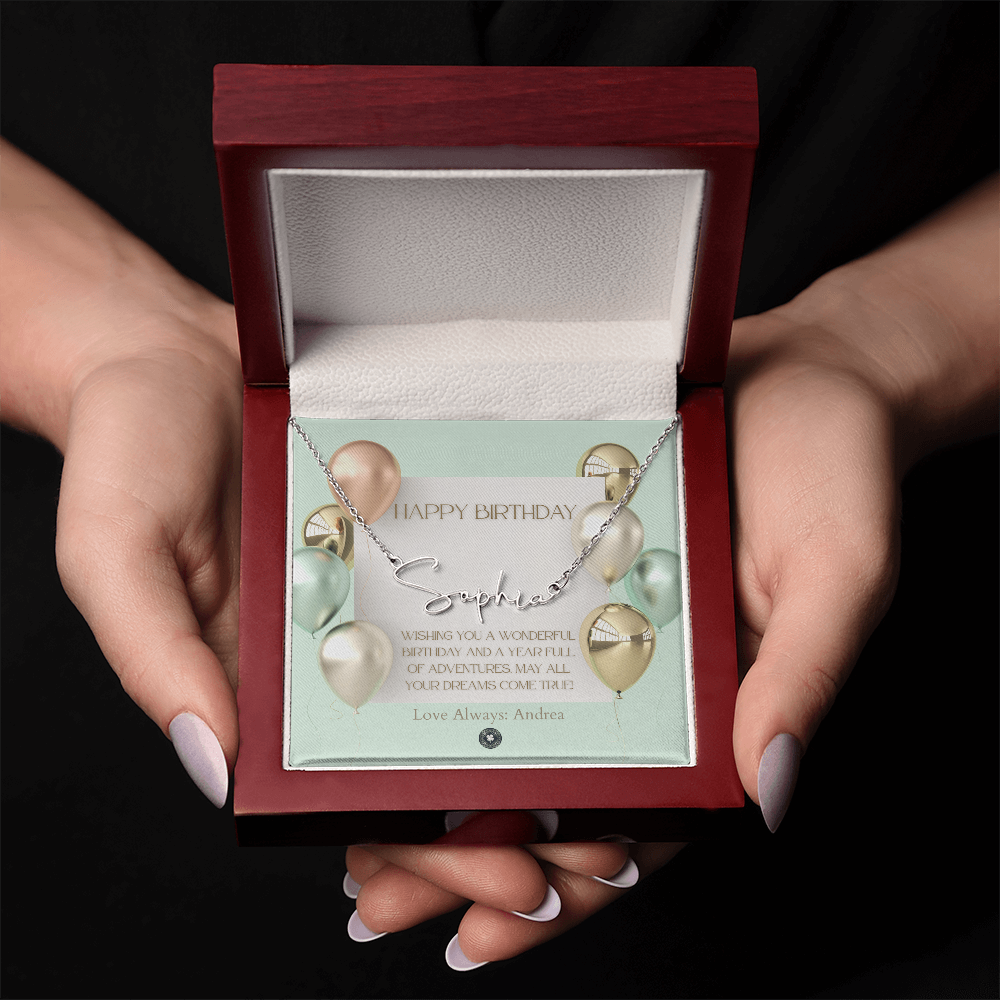 Custom Horizontal Signature Name Necklace: Wonderful Happy Birthday