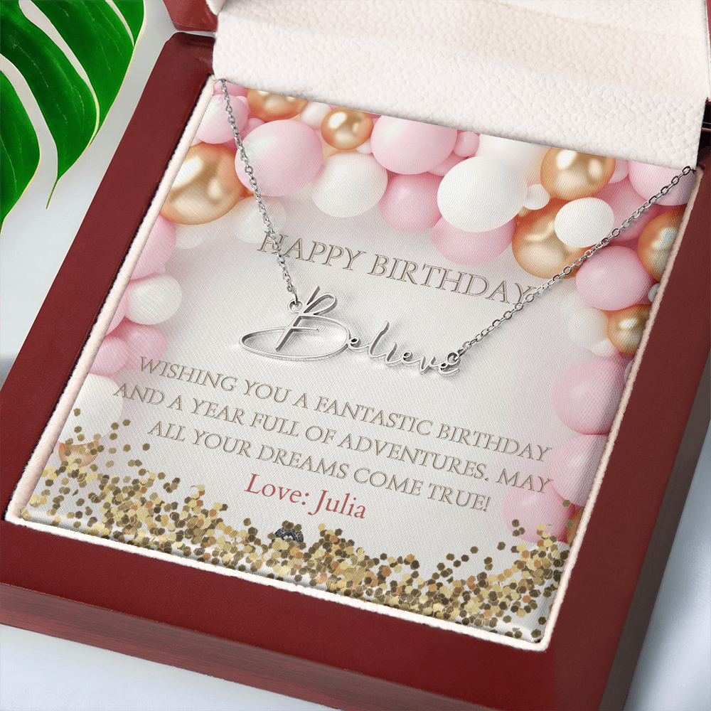 Custom Horizontal Signature Name Necklace: Fantastic Happy Birthday