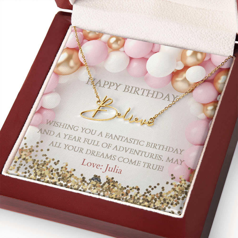 Custom Horizontal Signature Name Necklace: Fantastic Happy Birthday